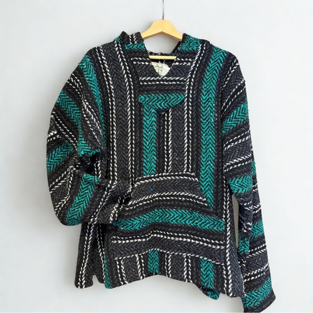 🐢 Vintage Baja Joe Mexican Baja Hoodie Large Teal Black Stripe